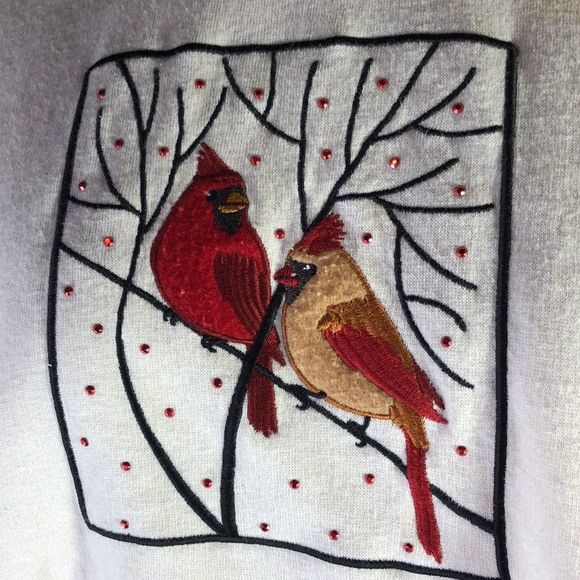 Sweatshirt with a cardinal couple on a branch with red sequins, sz med. - Picture 3 of 10